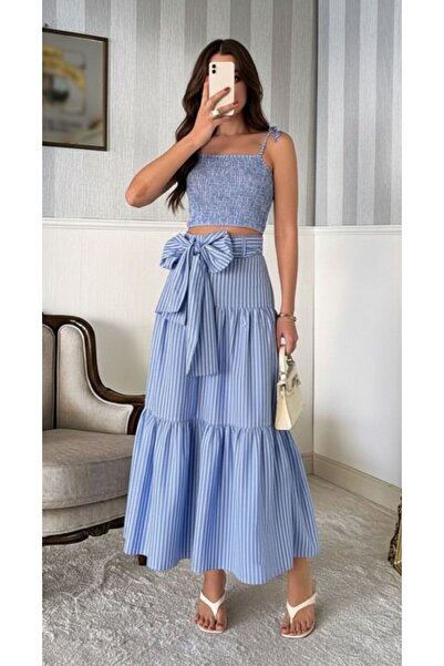 ROYEM Mavi Çizgili Gipeli Üst Etek Takımı