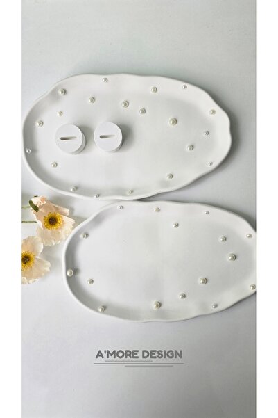 AmoreDesign İncili Nişan Tepsi Seti, Söz Tepsisi, Nişan Tepsisi, 2'li Beton T...