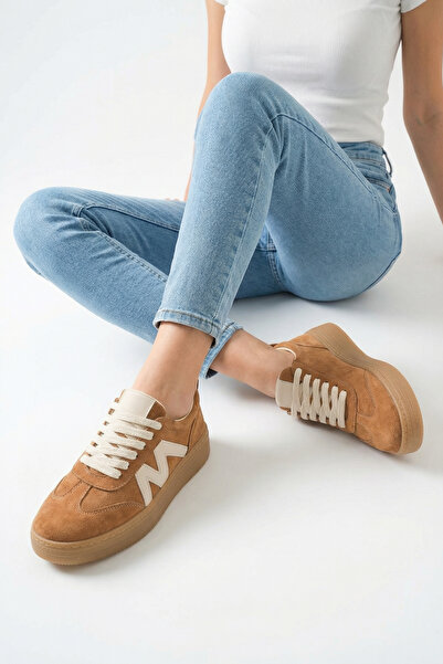 Bak Store Tan Suede Lace-Up Flat Sole Women's Sports Shoes Sneaker