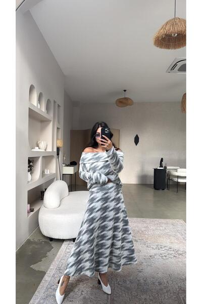 Buket Teke Gray Patterned Madonna Soft Skirt Set