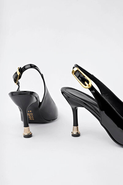 oless Kadın Siyah Rugan Tokalı Sivri Burun Şık Topuklu Stiletto Ayakkabı