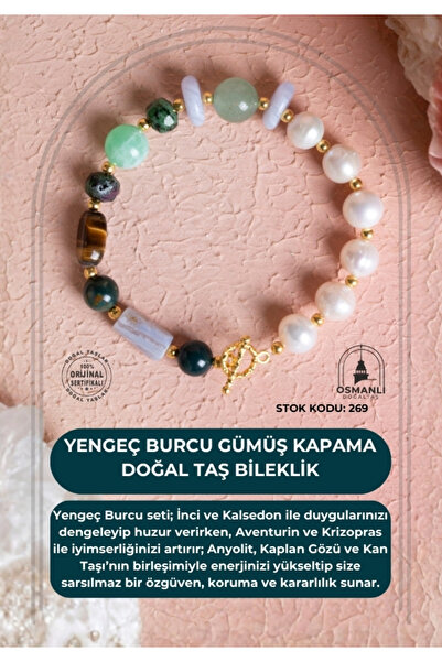 OSMANLI DOĞAL TAŞ Certified Cancer Zodiac Sign Silver Plated Natural Stone Br...