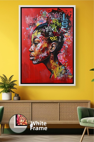 KOSS Dijital Portret de femeie cu graffiti, artă stradală cu fundal roșu, dec...