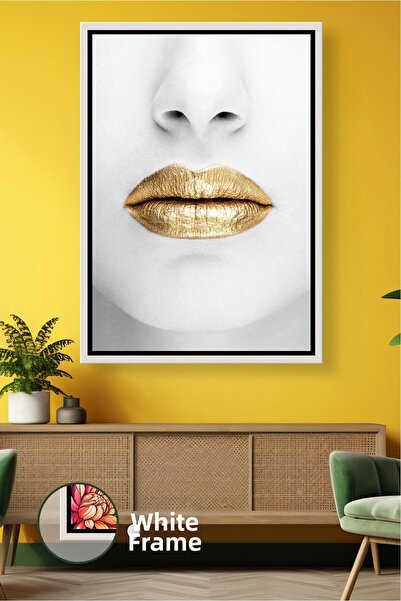 KOSS Dijital Pictură de perete cu detaliu de buze de culoare aurie Decor mode...