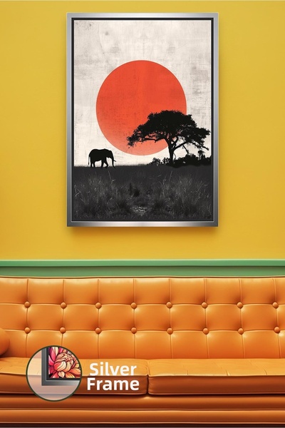 KOSS Dijital Африканско сафари пейзаж слон силует червен слънчев природен пей...