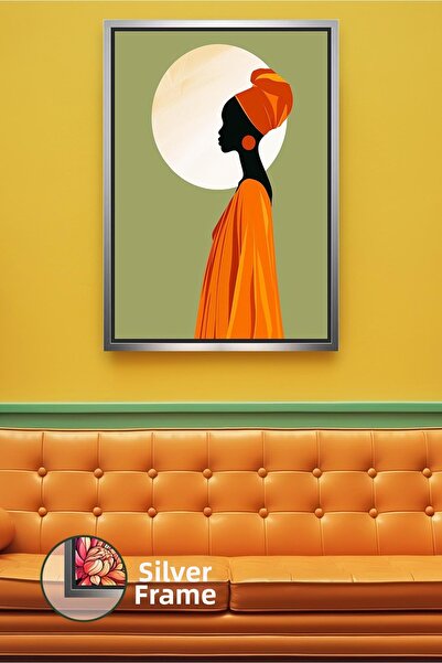 KOSS Dijital Artă africană, siluetă de femeie tribală, caftan portocaliu, cer...