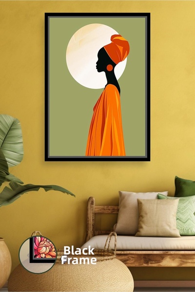 KOSS Dijital Artă africană, siluetă de femeie tribală, caftan portocaliu, cer...