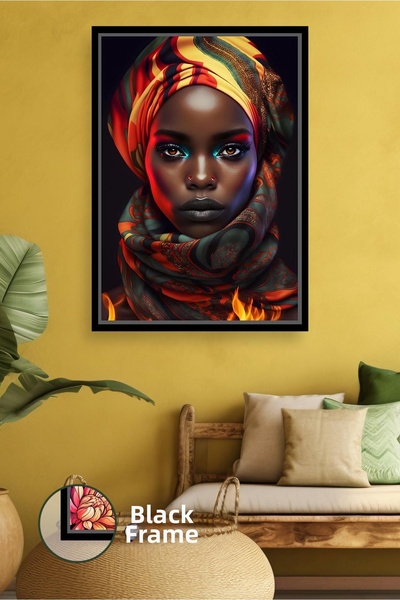 KOSS Dijital Portret de femeie africană în tonuri de foc cu o pălărie, fundal...