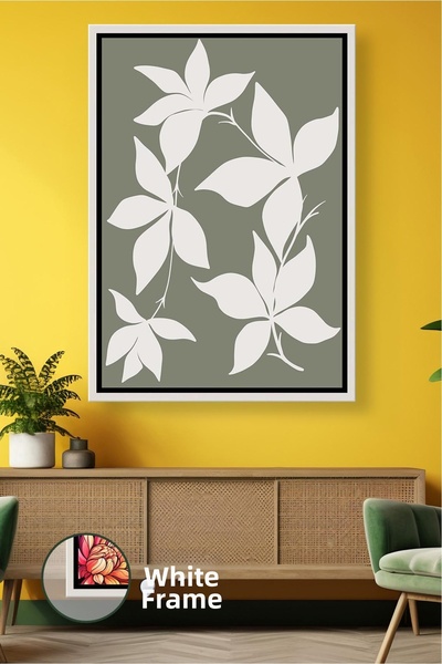 KOSS Dijital Pictură de perete cu model de frunze albe pe fundal verde măslin...