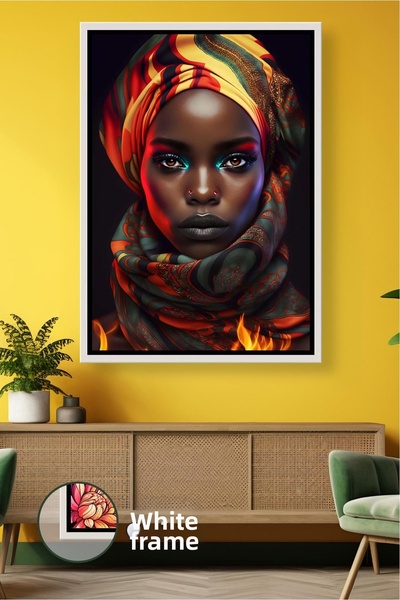 KOSS Dijital Portret de femeie africană în tonuri de foc cu o pălărie, fundal...