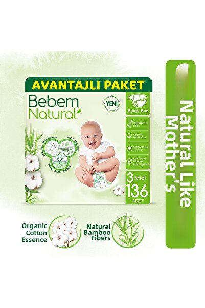 Bebem Natural Size 3 Midi Baby Diapers - Advantageous Package 136 Pieces
