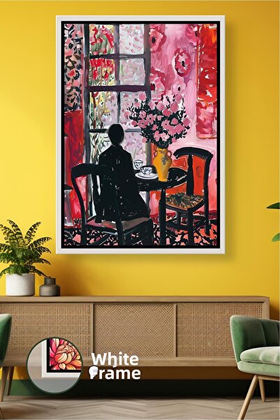 KOSS Dijital Figurină așezată în fața ferestrei, masă cu flori, scenă de cafe...