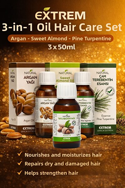 Natural 3-Piece Oil Hair Care Set Argan - Sweet Almond - Pine Turpentine 50Mlx3