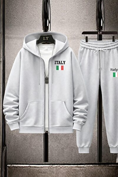 CLASSY.MODA Men's Zippered Hooded Italy Flag Printed Tracksuit Set