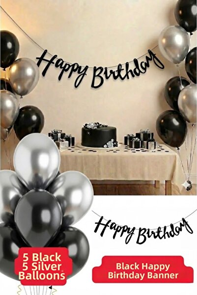 Baloncu Nene Black Happy Birthday Lettering Birthday Balloon Set Black Silver...