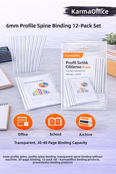 KarmaOfis 6mm Profile Spine Binding Set of 12 – Transparent, 30–40 Page Bindi...