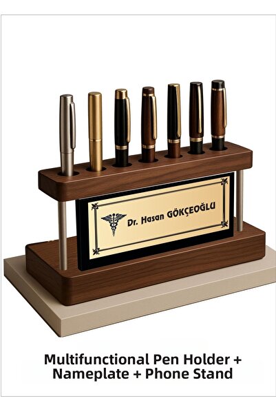 MİNYATİK حامل أقلام وهاتف خشبي مع لوحات أسماء - منظم مكتب أنيق