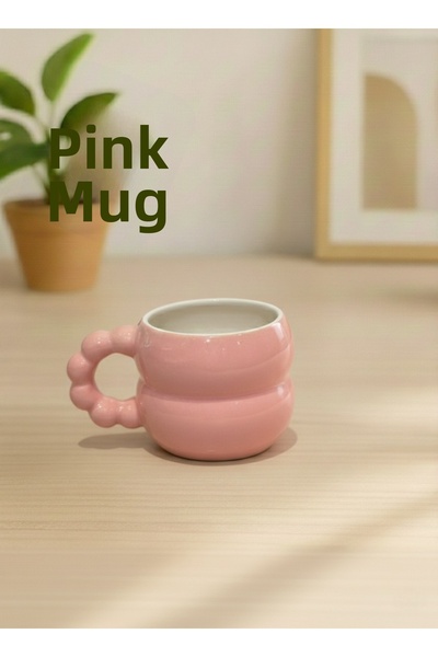 İZart Beaded Handle Layered Pink Mug with White Details Inside Completely Han...