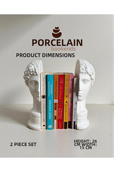 Porselian Set of 2 Decorative Concrete Antique Bust Bookends 26 cm Black Scul...