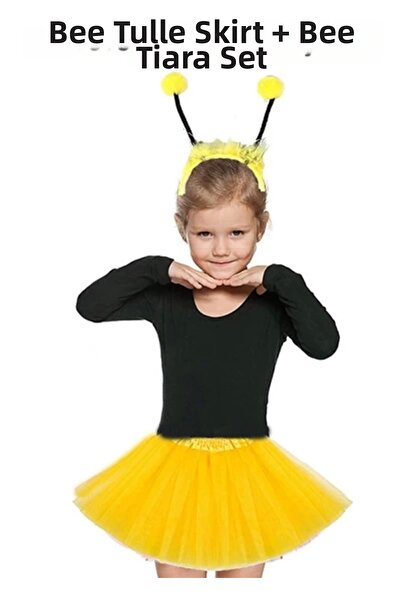 Twin Store Bee Crown Set with Yellow Bee Tutu Skirt and Yellow Pompom for Shows