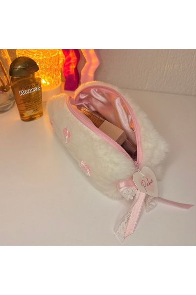 PİNKUE Розова панделка Детайлна плюшена чанта за грижи/чанта за грим/калъф за...