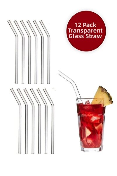Rotanev 12 Transparent Glass Curved Straws - Glass Straws 12 Pieces