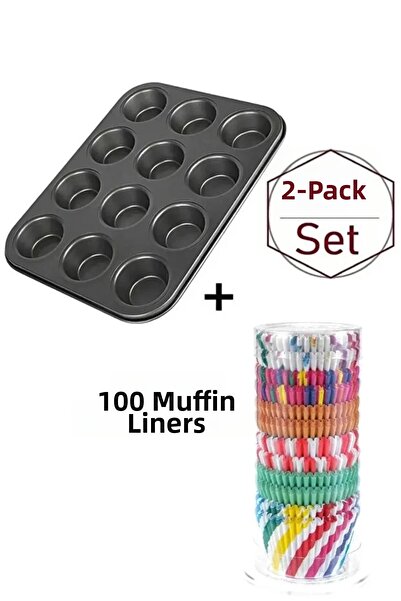 FBZhome مجموعة مافن مكونة من قطعتين - قالب مافن ذو 12 حفرة + 100 قطعة ورق ماف...