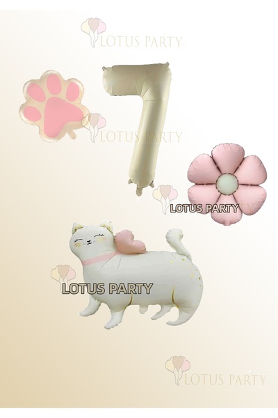LOTUS PARTY Cat Foil Balloon - Cream Number Balloon - Pink Daisy Balloon Paw ...