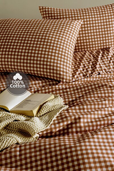 Simple Deco طقم غطاء لحاف مفرد مربع صغير باللون البني مصنوع من القطن بنسبة 100%