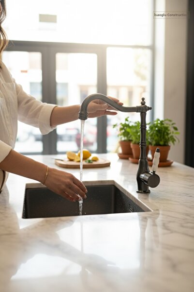 İSAOĞLU YAPI Anthracite Grey Retro Kitchen Faucet Brass Material Rustic Desig...