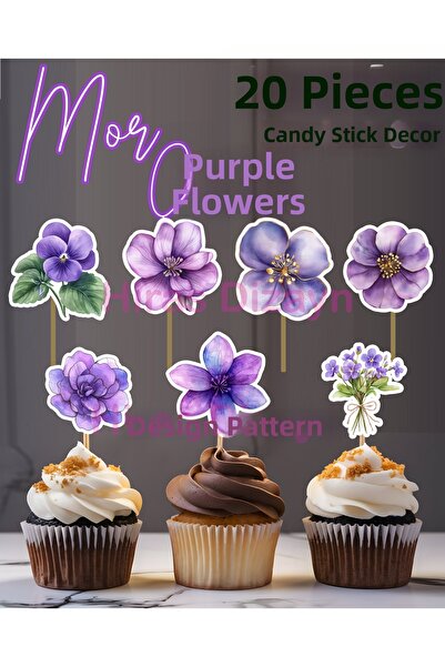 Hiras Dizayn 20 قطعة من الزهور الأرجوانية مع مجموعة أدوات تزيين على شكل فرشاة...