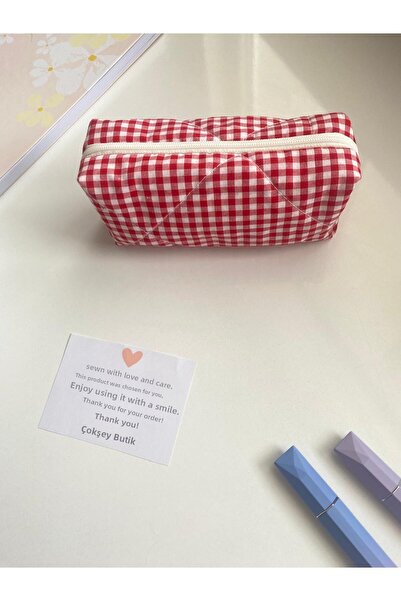 1çokşey Red Gingham Quilted Pencil Case - Lined, Puffy Soft, Large Capacity 1...