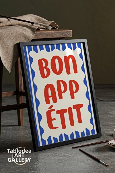 tablodea Tablou decorativ în stil Pinterest, cu text Bon Appétit, în dungi al...