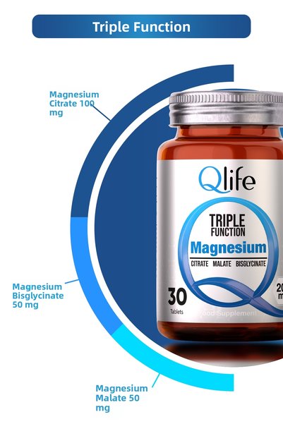 Qlife مغنيسيوم ثلاثي الوظائف سترات وماليت وبيسجليسينات 30 قرص
