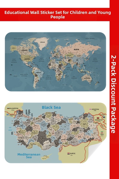buyolog Educational - Tutorial World and Turkey Map Children's Room Wall Stic...