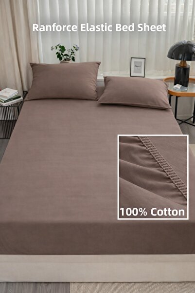 NazeninHome Ranforce 100% Cotton Elastic Fitted Sheet Set Double Size Brown w...