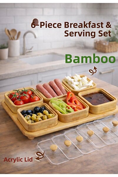 Pembelia Life 6-compartment bamboo tray breakfast set with acrylic lid displa...