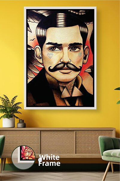 KOSS Dijital Retro Art Framed Canvas Painting with Mustache Man Illustration ...