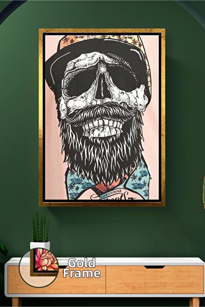 KOSS Dijital Bearded Skull Hipster Figure Barber Wall Decor Framed Canvas Pai...