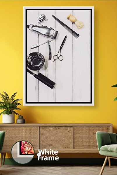KOSS Dijital Barber Tools Flat Lay Design Framed Canvas Painting for Modern H...