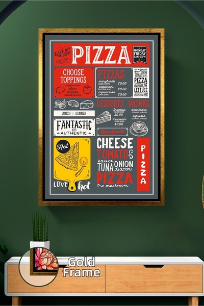 KOSS Dijital Retro Pizza Menu Design Framed Canvas Painting for Kitchen and R...