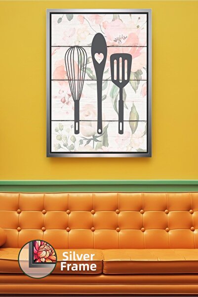 KOSS Dijital Floral Pattern Kitchen-Themed Framed Canvas Painting – Wall Deco...