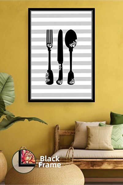 KOSS Dijital Modern Kitchen Themed Framed Canvas Painting with Black Fork Spo...