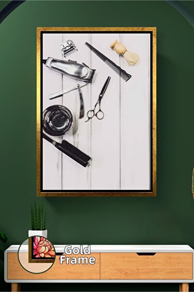 KOSS Dijital Barber Tools Flat Lay Design Framed Canvas Painting for Modern H...