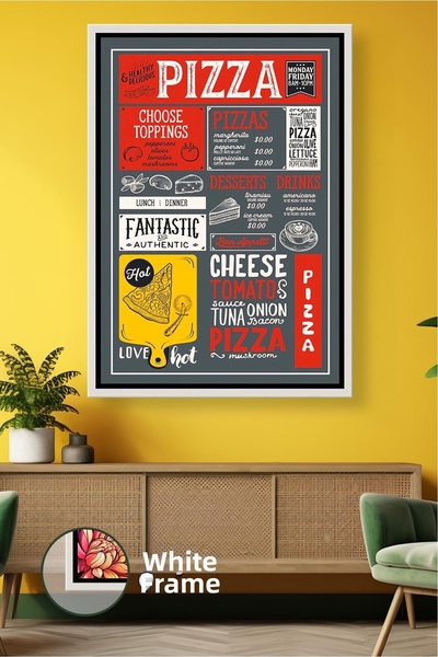 KOSS Dijital Retro Pizza Menu Design Framed Canvas Painting for Kitchen and R...