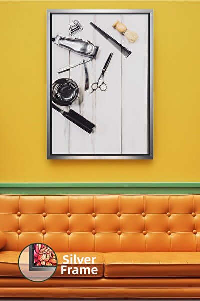 KOSS Dijital Barber Tools Flat Lay Design Framed Canvas Painting for Modern H...