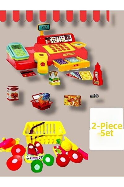 SAZE مجموعة آلة تسجيل النقد اللعبة 40 قطعة + 16 قطعة من الفواكه والخضروات الق...