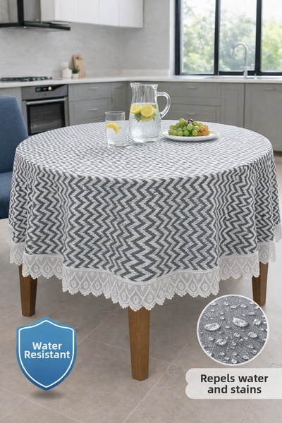 Rona Home Round Tablecloth Lace Detailed Luxury Tablecloth Waterproof Wipeabl...