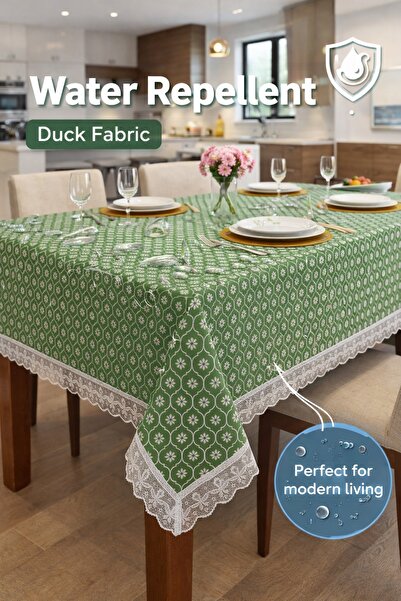 Rona Home مفرش طاولة كلاسيكي وأنيق باللون الأخضر، قماش فاخر بحواف مزخرفة، تصم...