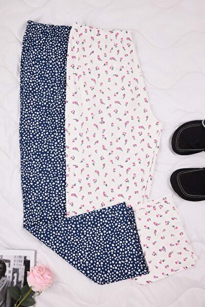 Trendyol Curve Pantaloni de pijama din bumbac cu flori, albastru-marin-alb, m...